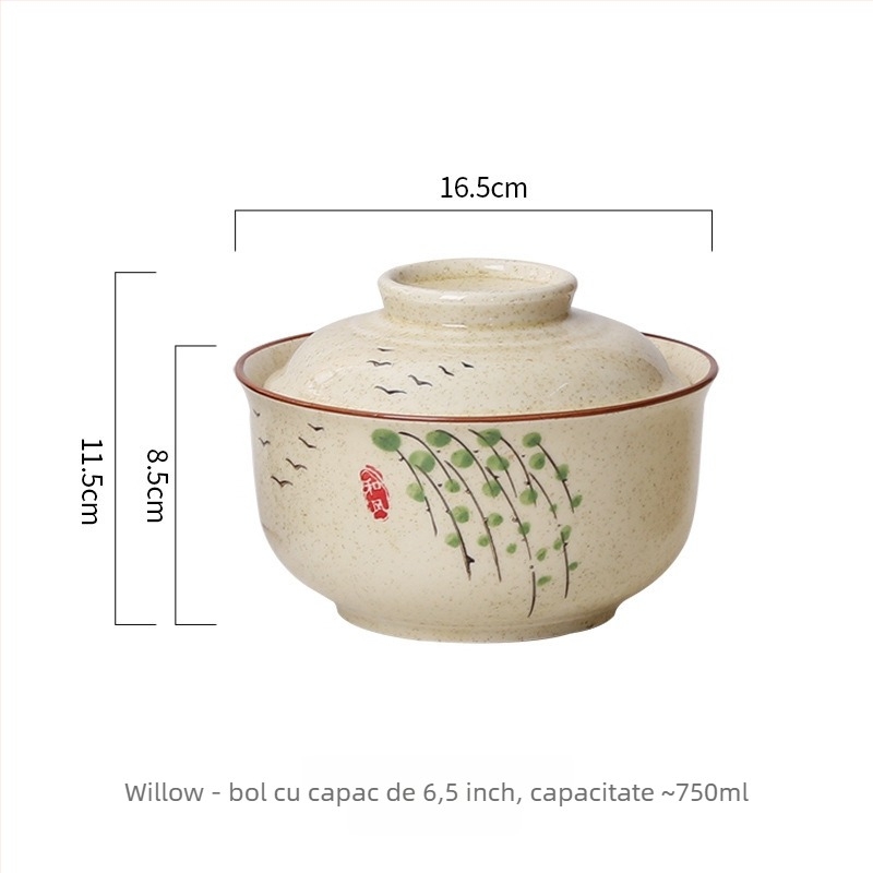 Vas de noodles din porțelan cu capac, formă rotundă, model floral, stil retro-lux, potrivit pentru cuptorul cu microunde