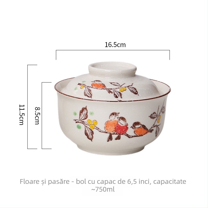 Vas de noodles din porțelan cu capac, formă rotundă, model floral, stil retro-lux, potrivit pentru cuptorul cu microunde