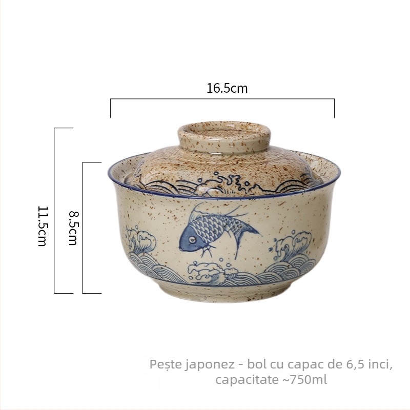 Vas de noodles din porțelan cu capac, formă rotundă, model floral, stil retro-lux, potrivit pentru cuptorul cu microunde