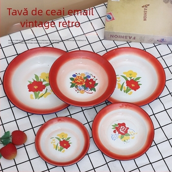 JINTANG farfurie emailată nostalgic, circulară cu motiv floral, strat glazurat, potrivit pentru microunde