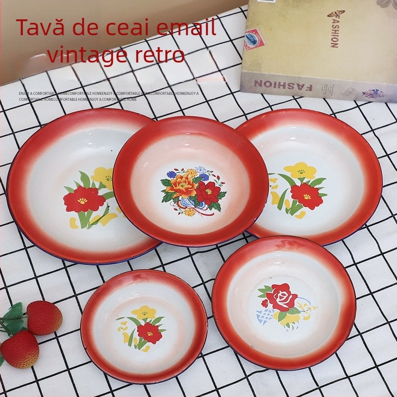 JINTANG farfurie emailată nostalgic, circulară cu motiv floral, strat glazurat, potrivit pentru microunde