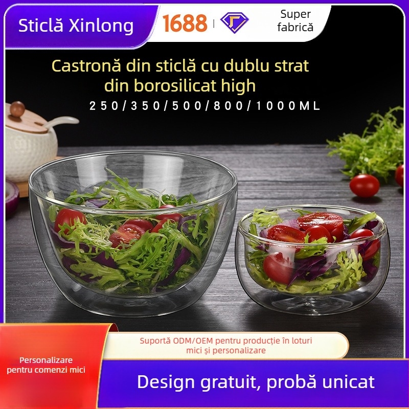 Castron din sticlă borosilicat dublu-strat – rezistent la căldură, transparent, pentru fructe, iaurt și salată