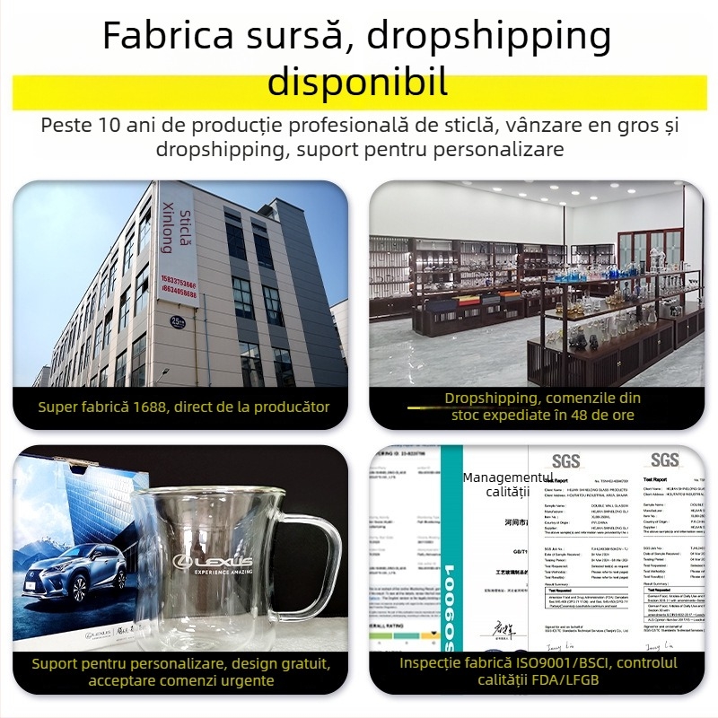 Castron din sticlă borosilicat dublu-strat – rezistent la căldură, transparent, pentru fructe, iaurt și salată