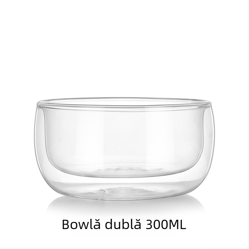 Castron din sticlă borosilicat dublu-strat – rezistent la căldură, transparent, pentru fructe, iaurt și salată