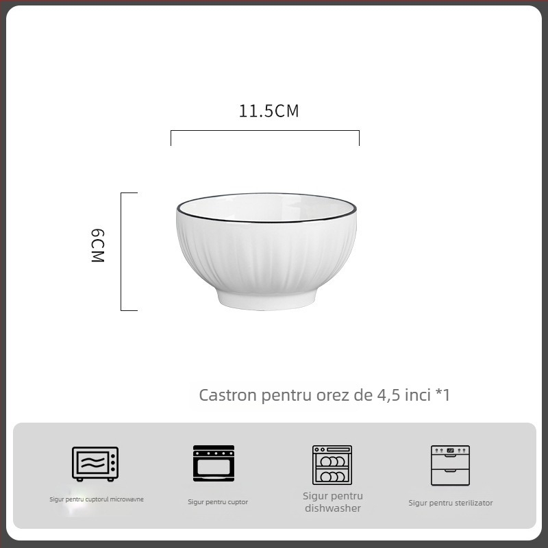 Set de boluri din porțelan - rotund, stil minimalist modern; include boluri, bol pentru orez, farfurie și bețișoare; compatibil cu microunde; finisaj subglazură.