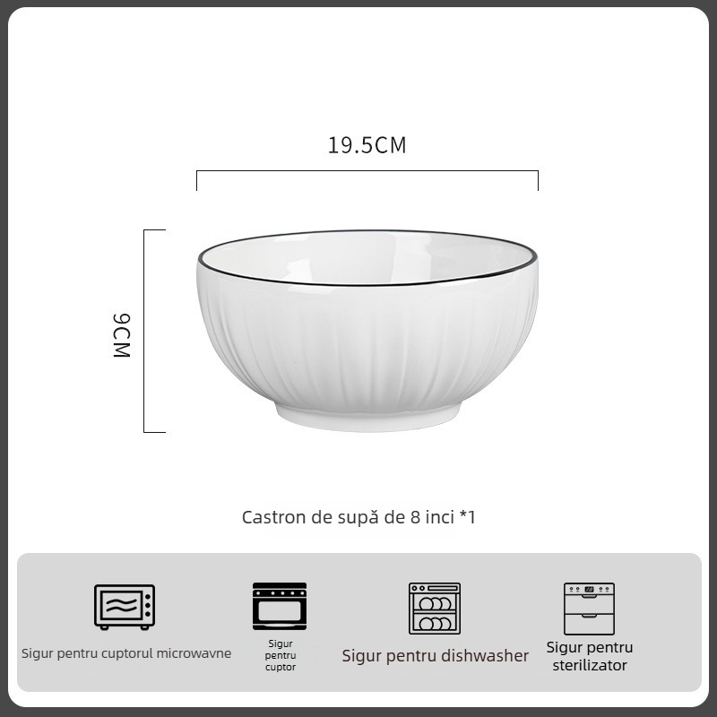 Set de boluri din porțelan - rotund, stil minimalist modern; include boluri, bol pentru orez, farfurie și bețișoare; compatibil cu microunde; finisaj subglazură.