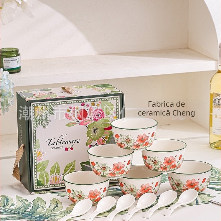 Set de boluri și linguri din ceramică într-o cutie cadou; model floral; formă rotundă; decor sub glazură; compatibil cu microunde