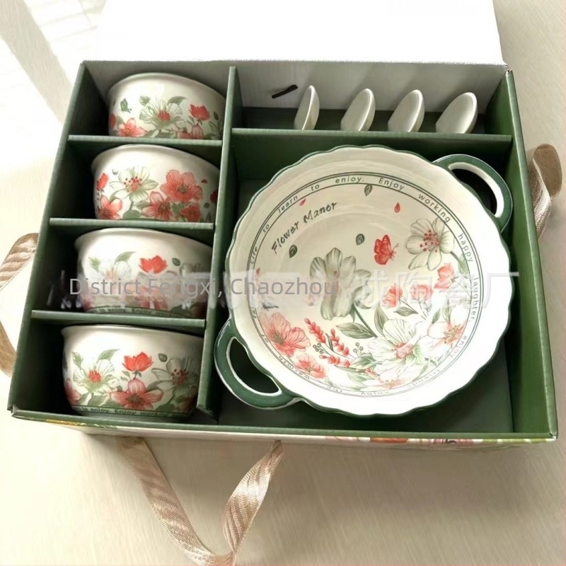 Set de boluri și linguri din ceramică într-o cutie cadou; model floral; formă rotundă; decor sub glazură; compatibil cu microunde