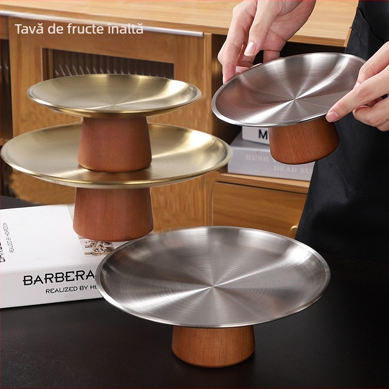 Platou pentru fructe și desert pe suport din lemn masiv, cu accente din oțel inoxidabil – stil retro luxuos, pentru living și spațiul de ceai.