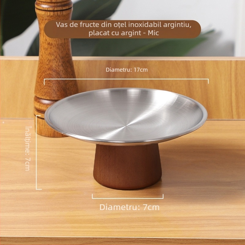 Platou pentru fructe și desert pe suport din lemn masiv, cu accente din oțel inoxidabil – stil retro luxuos, pentru living și spațiul de ceai.