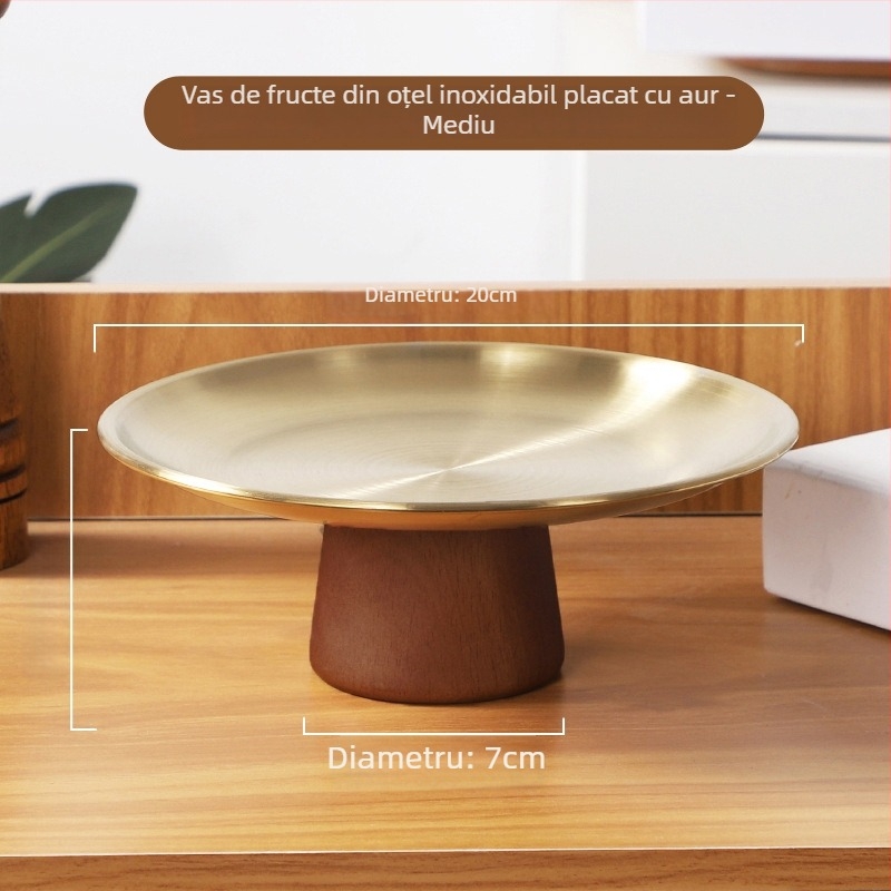 Platou pentru fructe și desert pe suport din lemn masiv, cu accente din oțel inoxidabil – stil retro luxuos, pentru living și spațiul de ceai.