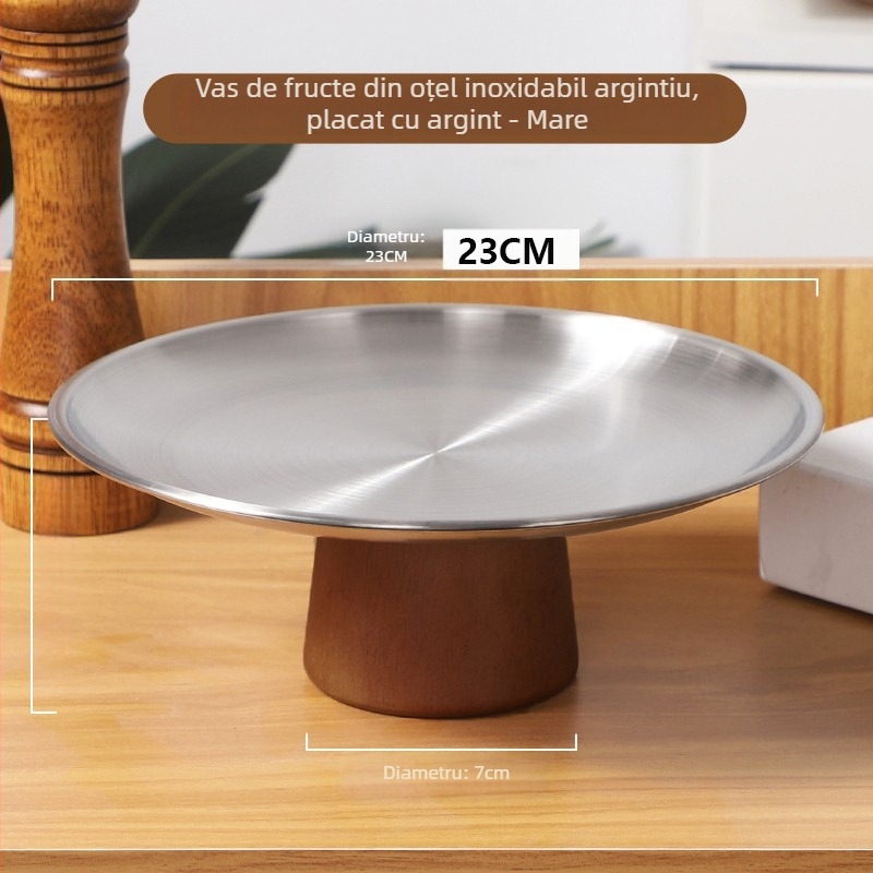 Platou pentru fructe și desert pe suport din lemn masiv, cu accente din oțel inoxidabil – stil retro luxuos, pentru living și spațiul de ceai.
