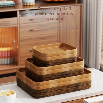 Tavă din plastic cu aspect lemnos, dreptunghiulară, stil japonez, tavă de servire dintr-o singură piesă