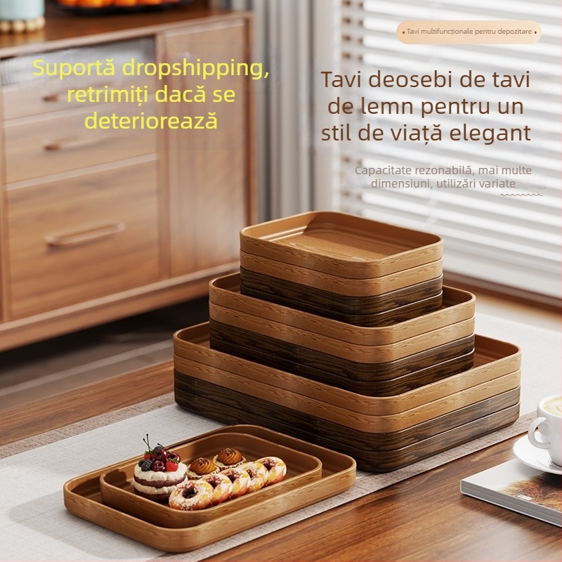 Tavă din plastic cu aspect lemnos, dreptunghiulară, stil japonez, tavă de servire dintr-o singură piesă