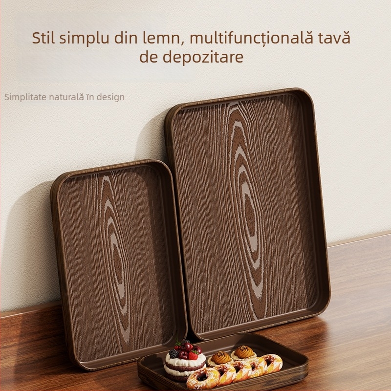 Tavă din plastic cu aspect lemnos, dreptunghiulară, stil japonez, tavă de servire dintr-o singură piesă