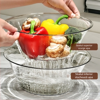Coș dublu pentru spălarea și scurgerea legumelor, din plastic, stil lux ușor retro, lansat în 2025