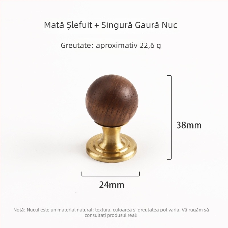 Mâner pentru ușă de dulap din alamă și nuc, stil vintage, formă sferică, prelucrare CNC, pentru ușile dulapului, montaj expus