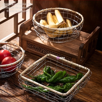 Coș de depozitare din sârmă de fier – forme rotundă, pătrată sau dreptunghiulară – pentru fructe, pâine, legume, cărți și altele – Stil Nordic