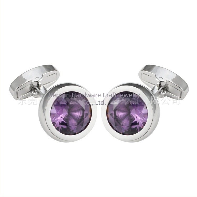 Butoni de mansetă din cupru, unisex, formă rotundă, cristale de ametist, placare electrolitică
