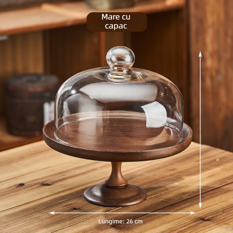 Tava de fructe din lemn de acacie, cu capac din sticlă fără plumb, brand 23 Degrees North Latitude, model BW-2025-07, stil Light Luxury Retro