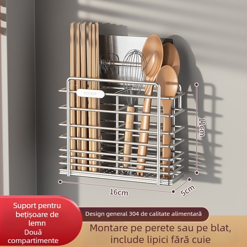 Raft montat pe perete pentru ustensile de bucătărie, din oțel inoxidabil 304, cu suport pentru cuțite și spațiu pentru linguri
