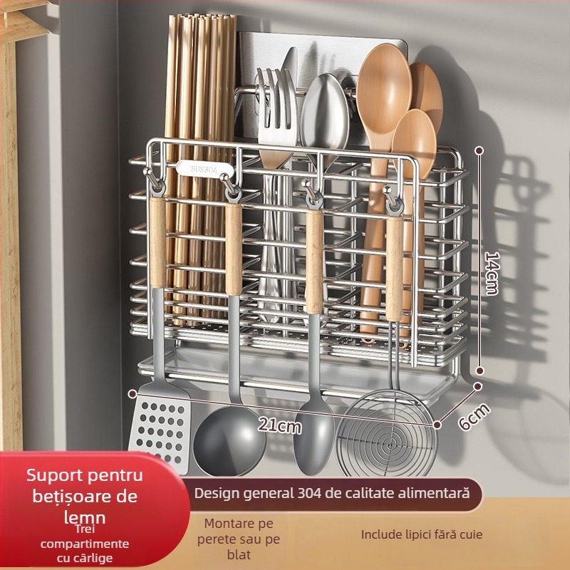 Raft montat pe perete pentru ustensile de bucătărie, din oțel inoxidabil 304, cu suport pentru cuțite și spațiu pentru linguri