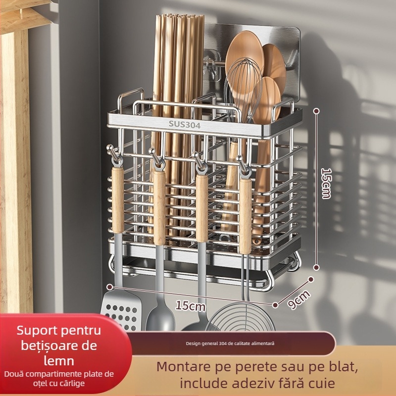 Raft montat pe perete pentru ustensile de bucătărie, din oțel inoxidabil 304, cu suport pentru cuțite și spațiu pentru linguri