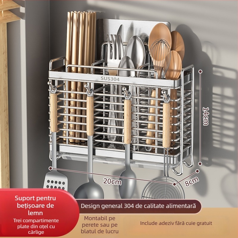 Raft montat pe perete pentru ustensile de bucătărie, din oțel inoxidabil 304, cu suport pentru cuțite și spațiu pentru linguri