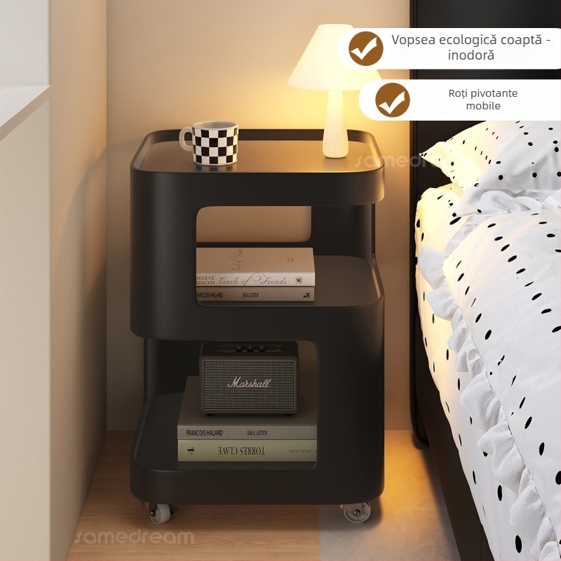 Măsuță de nopți din fier forjat negru, mică, cu iluminare încorporată și spațiu de depozitare simplu pentru dormitor