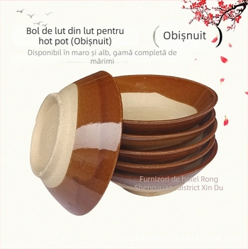 Bol ceramic din lut, rotund, stil retro, suprafață glazurată, compatibil cu microunde