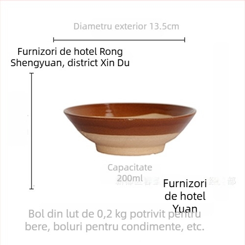 Bol ceramic din lut, rotund, stil retro, suprafață glazurată, compatibil cu microunde