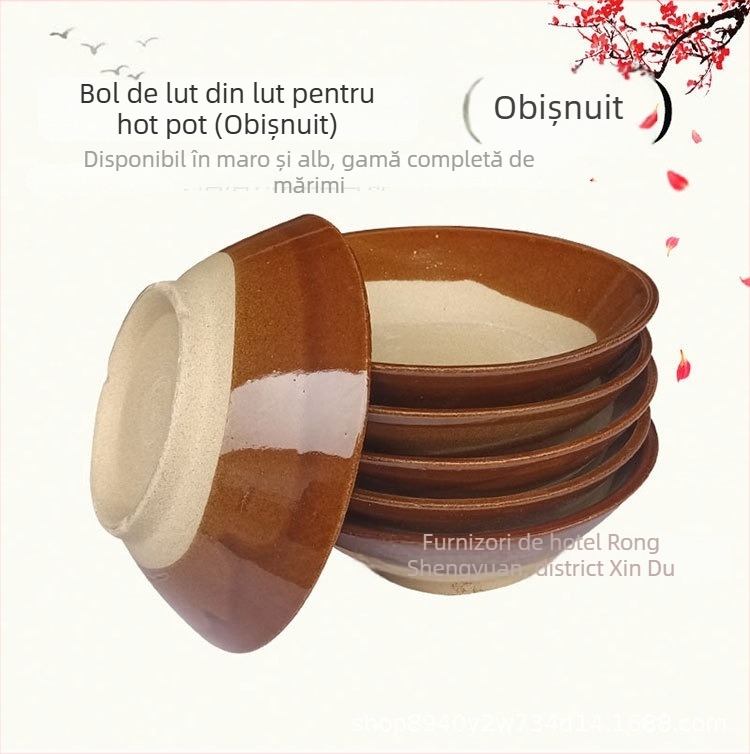 Bol ceramic din lut, rotund, stil retro, suprafață glazurată, compatibil cu microunde