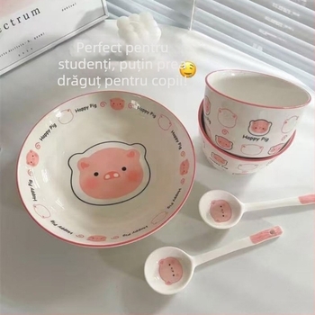 Set ceramic boluri și farfurioare cu model purcel Cartoon, culoare sub glazură, compatibil cu microunde, stil lux ușor