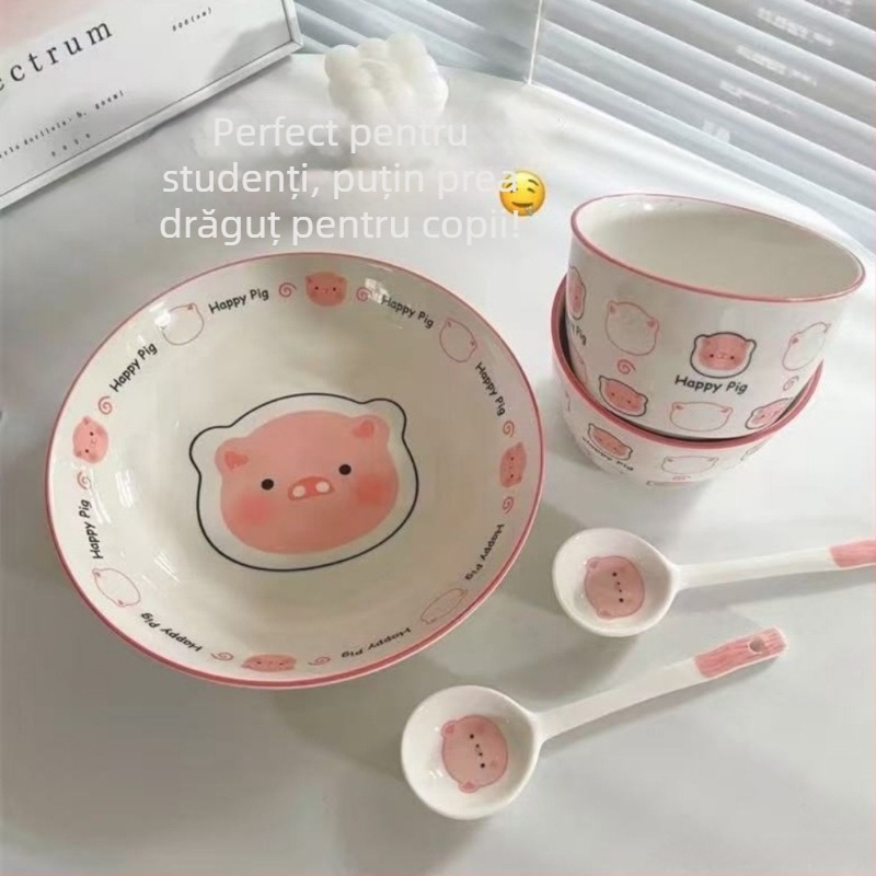 Set ceramic boluri și farfurioare cu model purcel Cartoon, culoare sub glazură, compatibil cu microunde, stil lux ușor