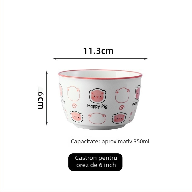 Set ceramic boluri și farfurioare cu model purcel Cartoon, culoare sub glazură, compatibil cu microunde, stil lux ușor
