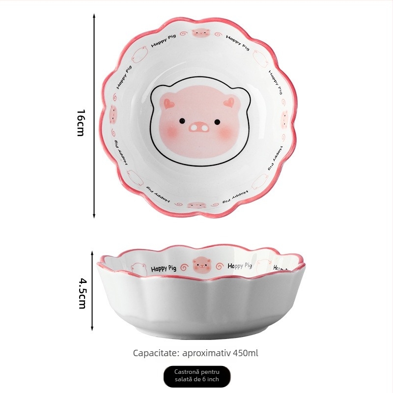 Set ceramic boluri și farfurioare cu model purcel Cartoon, culoare sub glazură, compatibil cu microunde, stil lux ușor