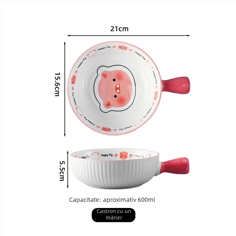 Set ceramic boluri și farfurioare cu model purcel Cartoon, culoare sub glazură, compatibil cu microunde, stil lux ușor