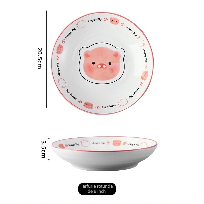 Set ceramic boluri și farfurioare cu model purcel Cartoon, culoare sub glazură, compatibil cu microunde, stil lux ușor