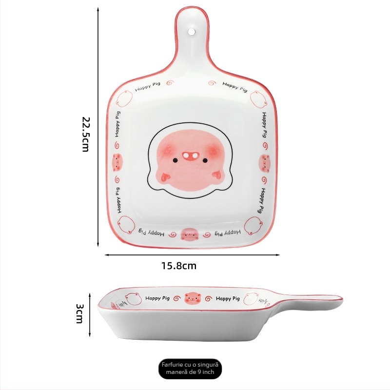 Set ceramic boluri și farfurioare cu model purcel Cartoon, culoare sub glazură, compatibil cu microunde, stil lux ușor