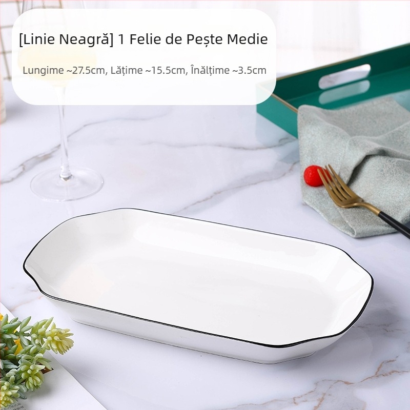 Platou dreptunghiular din porțelan pentru pește, platou plat, suprafață vopsire cu pulverizare, model simplu
