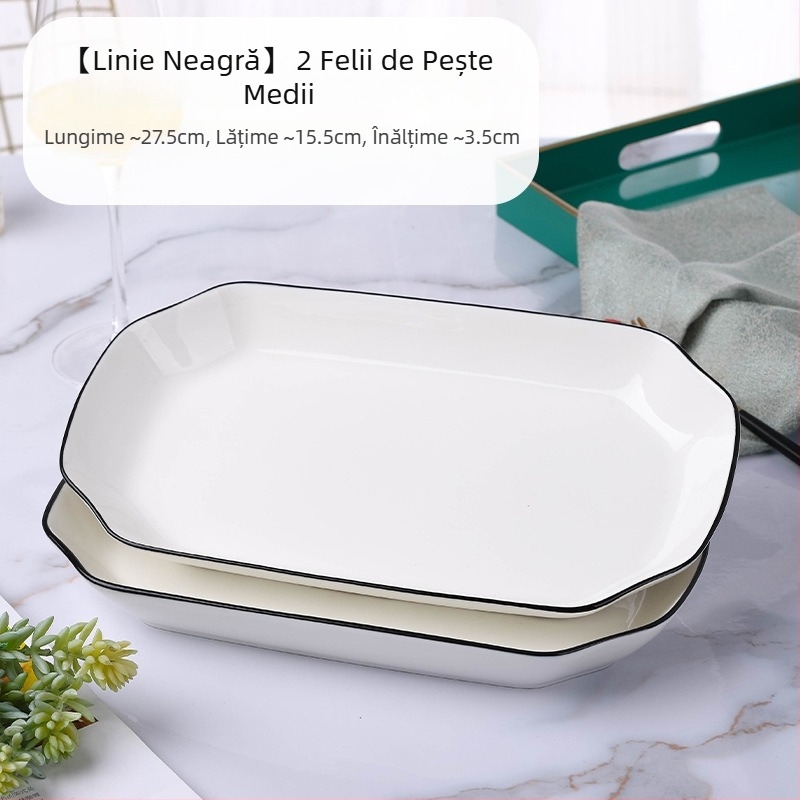Platou dreptunghiular din porțelan pentru pește, platou plat, suprafață vopsire cu pulverizare, model simplu