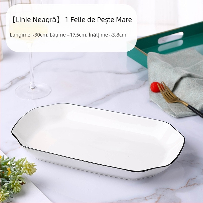 Platou dreptunghiular din porțelan pentru pește, platou plat, suprafață vopsire cu pulverizare, model simplu