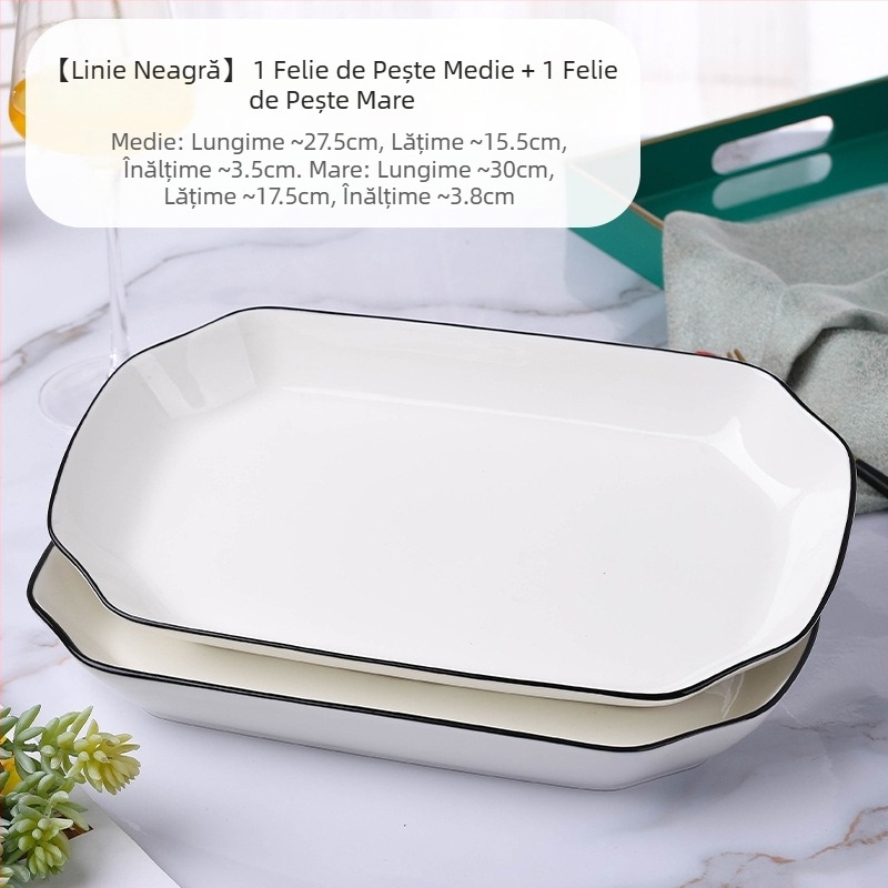 Platou dreptunghiular din porțelan pentru pește, platou plat, suprafață vopsire cu pulverizare, model simplu