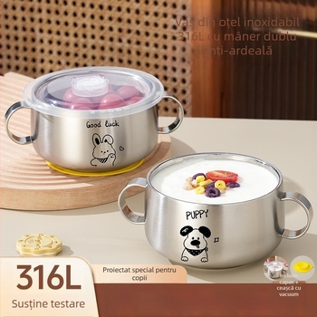 Bol pentru copii din oțel inoxidabil 316L, cu două urechi, dublu strat antiarzare, cu capac