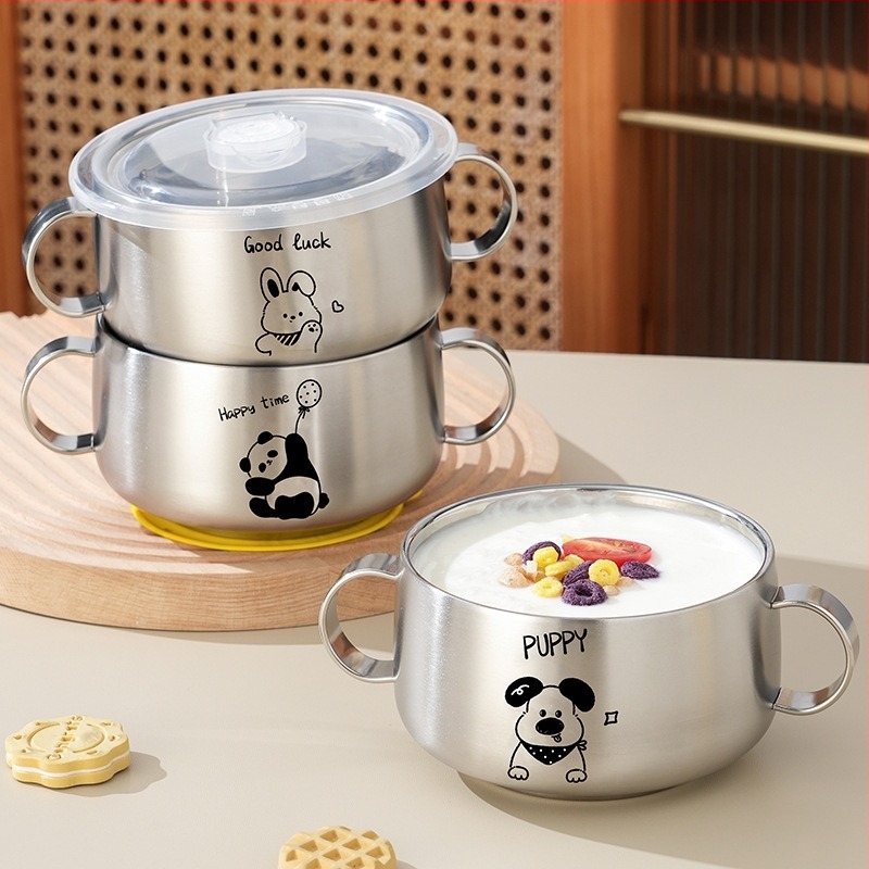 Bol pentru copii din oțel inoxidabil 316L, cu două urechi, dublu strat antiarzare, cu capac