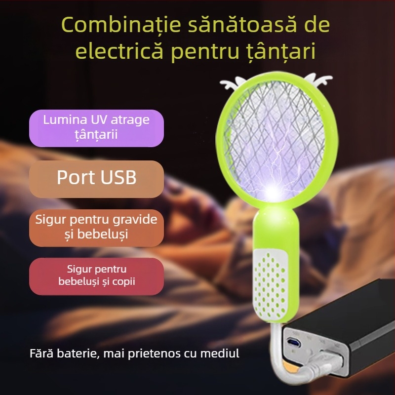 Ucigaș electric pentru țânțari – dual funcțional, reîncărcabil, cu priză UV mov, baterie până la 800 mAh, autonomie 12–24 h