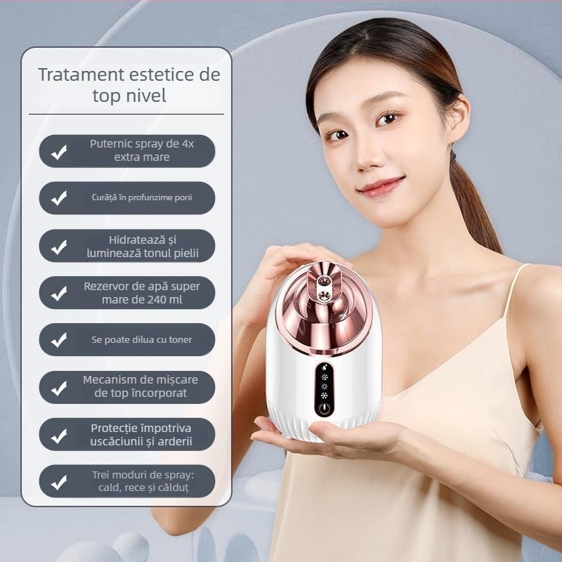 Dispozitiv de hidratare facial pentru acasă cu spray nano, spray cald/rece, treapta 1, timp ceață 61–120 s, fără baterie