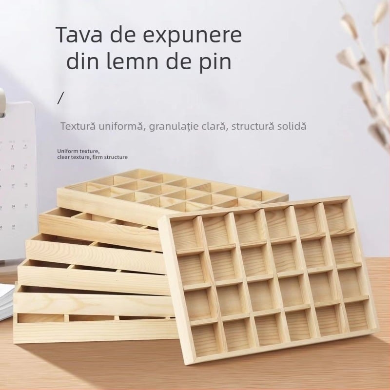 Tavă de afișaj din lemn de pin cu 12 compartimente, un singur nivel, design minimalist de înaltă calitate