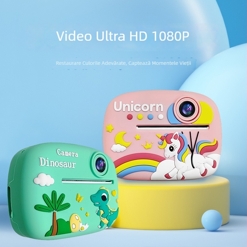 Cameră foto instant pentru copii, cu camere frontale și spate duale, ecran LCD 2,4 inchi, 24MP, imprimare termică, stocare pe card TF