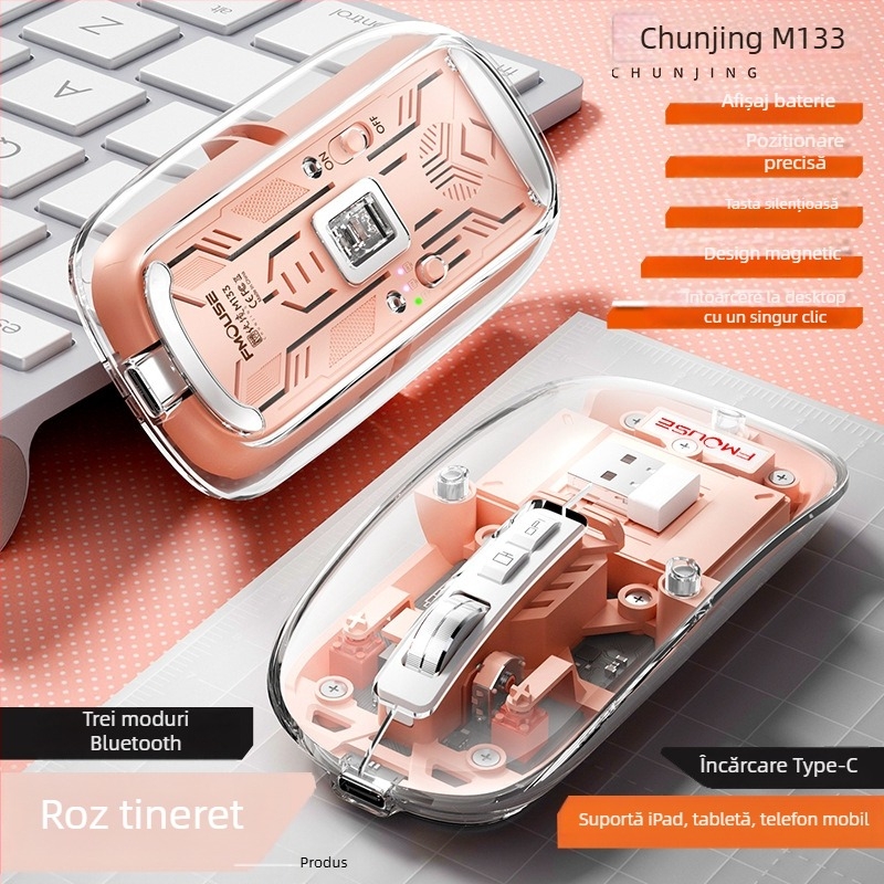 Mouse Bluetooth M133 cu trei moduri, silențios și reîncărcabil, 2400dpi, USB, 5 butoane, 2.4GHz wireless, rază de 10m